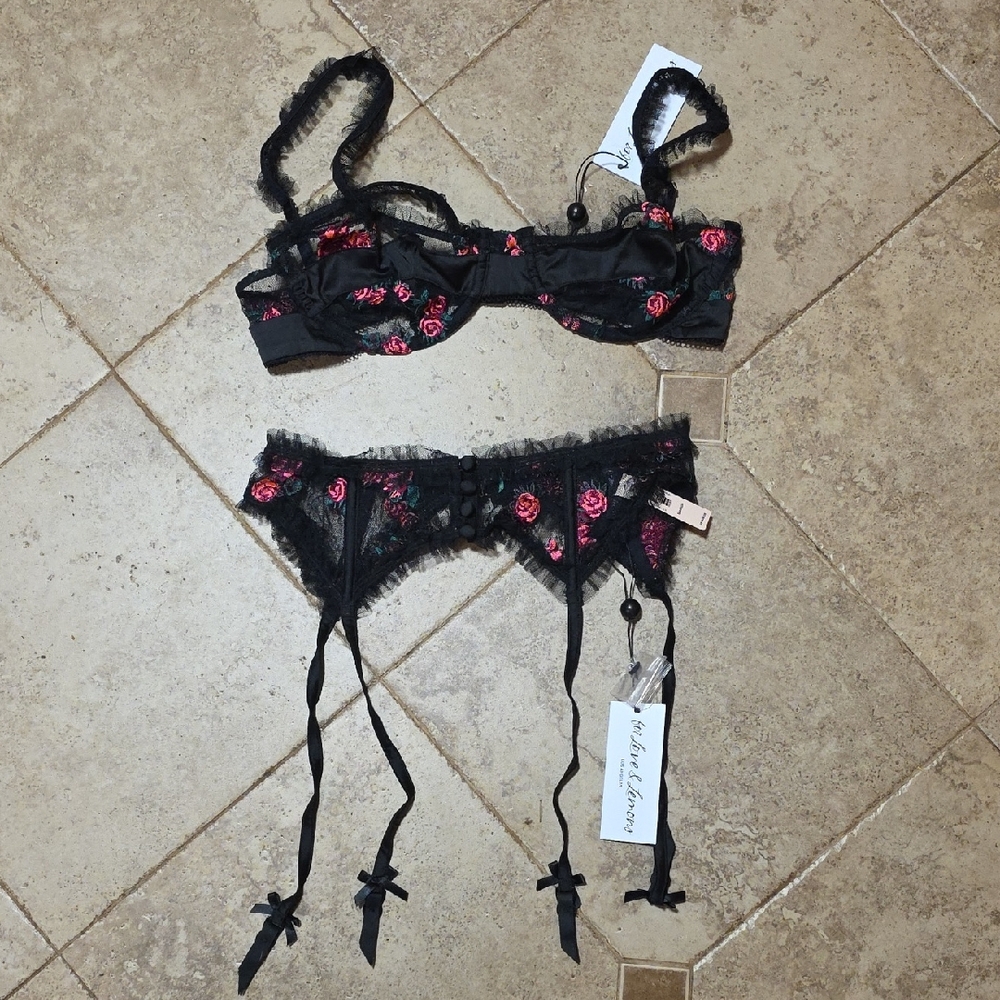 For Love And Lemons Black Lace Bra & Floral Garter Belt Set